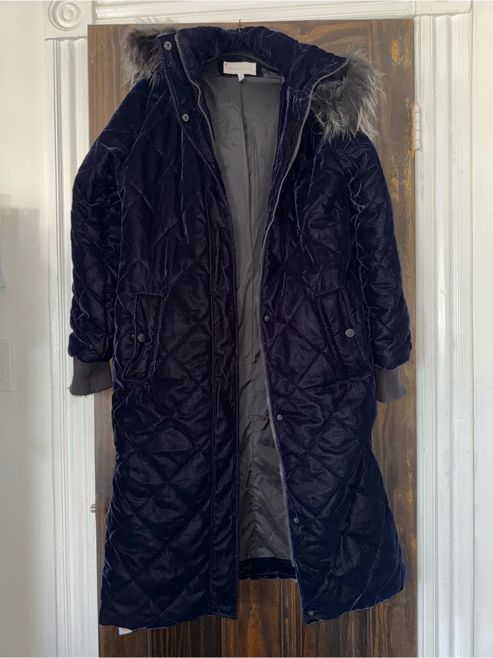 BCBGeneration Quilted Velvet Long Puffer Coat with Faux Fur Trim - Navy
